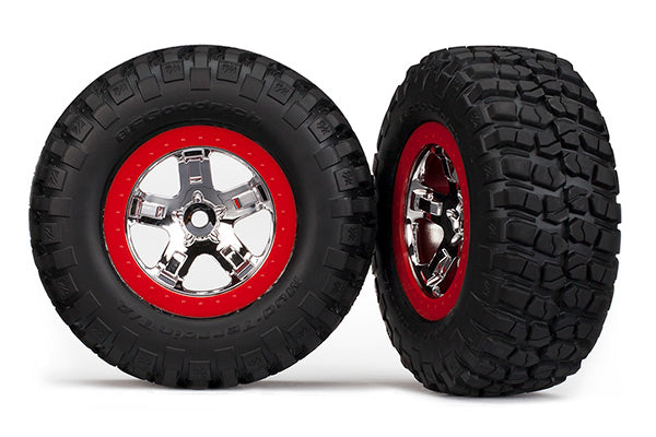 Traxxas Tires & wheels, assembled, glued (SCT chrome, red beadlock style wheels)