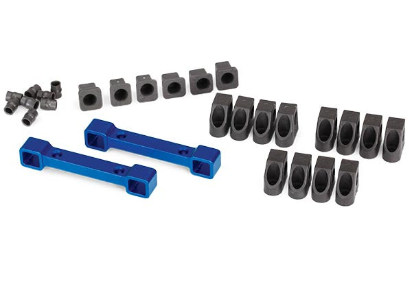 Traxxas Mounts, suspension arms, aluminum (blue-anodized) (front & rear)/ hinge pin retainers (12)/ inserts (6)