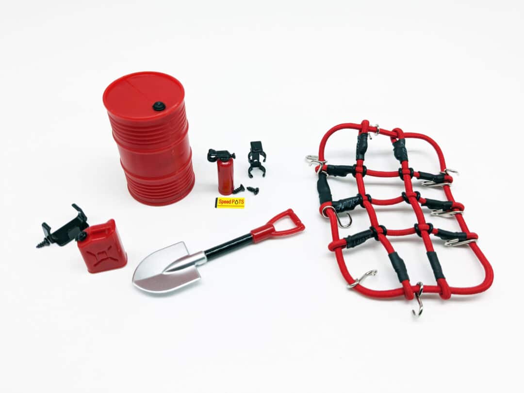 Set of gasoline can, barrel, fire extinguisher, shovel and cargo net 1/24