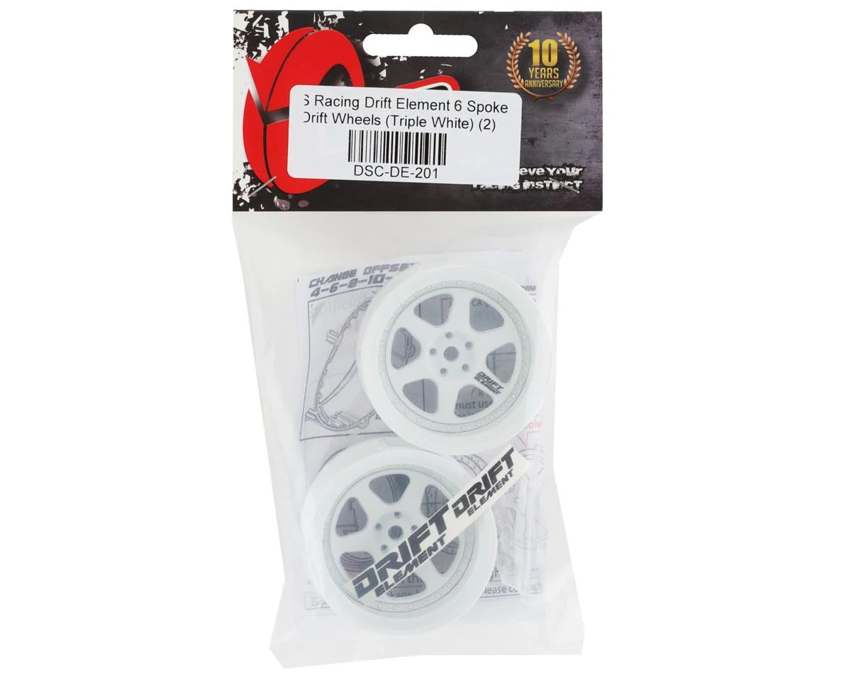 DS Racing Drift Element 6 Spoke Drift Wheels (Triple White) (2) (Adjustable Offset) w/12mm Hex