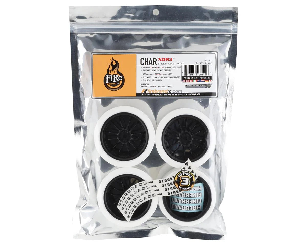 Firebrand RC Char XDR3 Pre-Mounted Drift Tires (4) (Black/White) w/Blizzard Tires, 12mm Hex & 3mm Offset