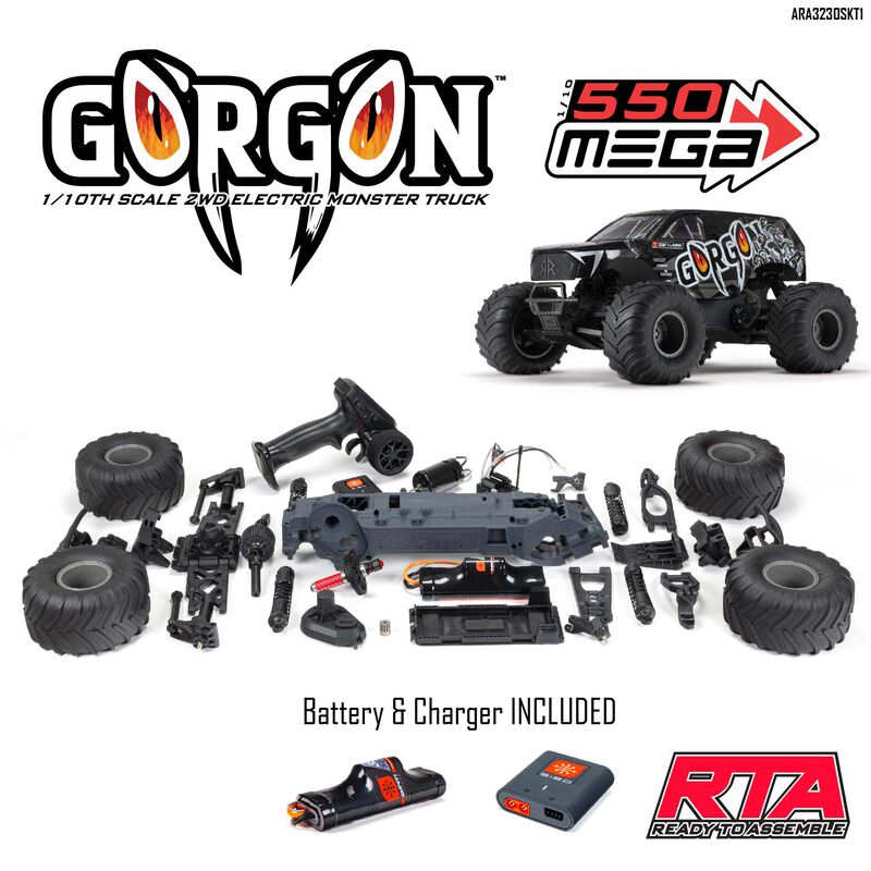 1/10 GORGON 4X2 MEGA 550 Brushed Monster Truck Ready-To-Assemble Kit with Battery & Charger