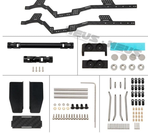 Meus Racing 1/24 Transmission Front System DIY Kits LCG Carbon Fiber Chassis Frame Bend Links Drive Shaft Magnetic Invisible Body Mount 132MM Wheelbase for SCX24 C10 Wrangler