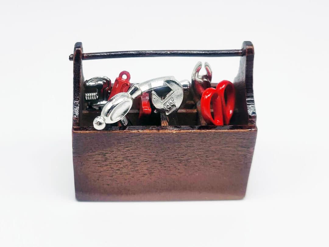 Wooden toolbox with tools 1/10