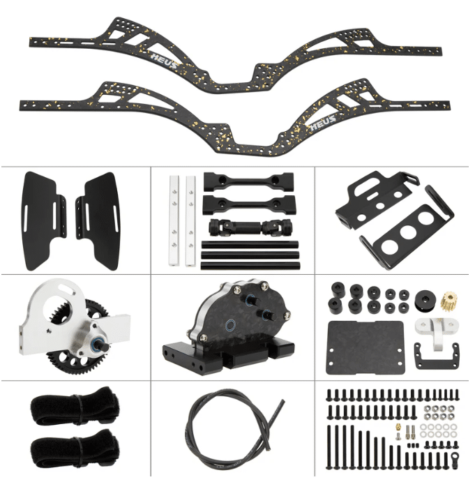 MEUS Racing RC LCG GOLD RUSH V2 Carbon Fiber Chassis & SCX10 Nylon Portal Axles & 313mm Links & Drive Shafts for 1/10 SCX10 Capra