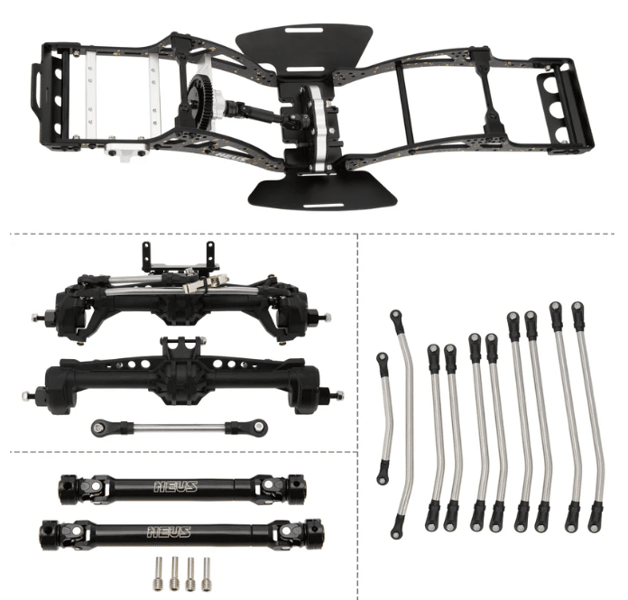 MEUS Racing RC LCG GOLD RUSH V2 Carbon Fiber Chassis & SCX10 Nylon Portal Axles & 313mm Links & Drive Shafts for 1/10 SCX10 Capra
