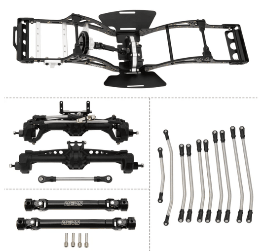 MEUS Racing RC LCG GOLD RUSH V2 Carbon Fiber Chassis & SCX10 Nylon Portal Axles & 313mm Links & Drive Shafts for 1/10 SCX10 Capra
