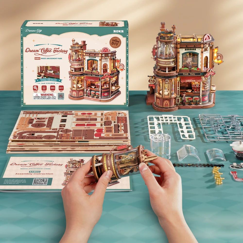 ROKR Dream Coffee Factory Music Box Wooden 3D Puzzle