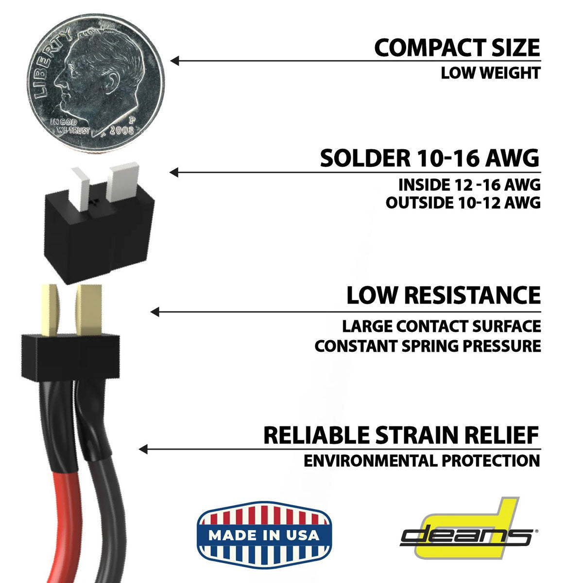 Deans Ultra Plug HB, High Temp, Black, Male & Female Pair, with 3/16" Heat Shrink, for 12-16 Gauge Wire