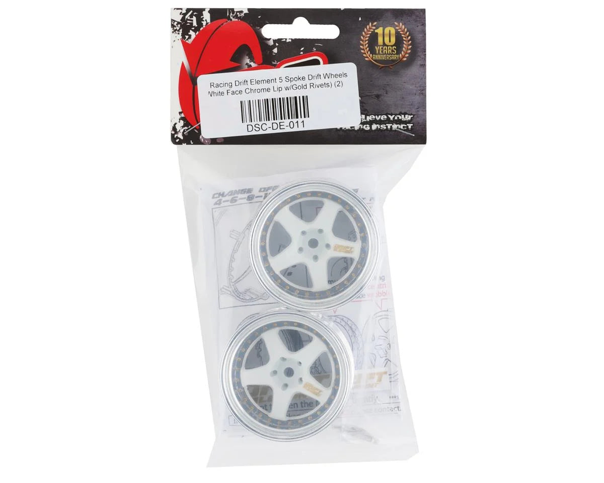 DS Racing Drift Element 5 Spoke Drift Wheels (White & Chrome w/Gold Rivets) (2) (Adjustable Offset) w/12mm Hex