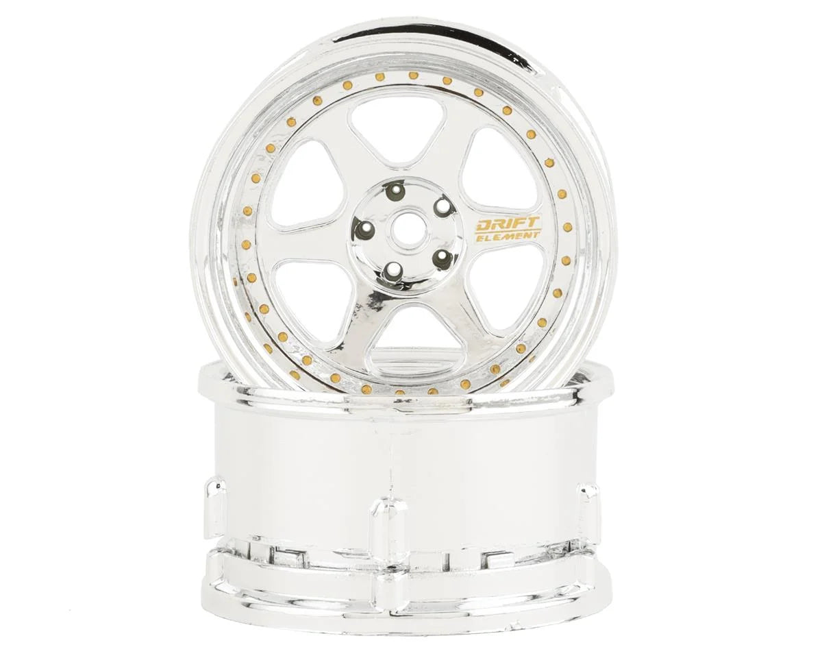 DS Racing Drift Element 6 Spoke Drift Wheels (Triple Chrome w/Gold Rivets) (2) (Adjustable Offset) w/12mm Hex