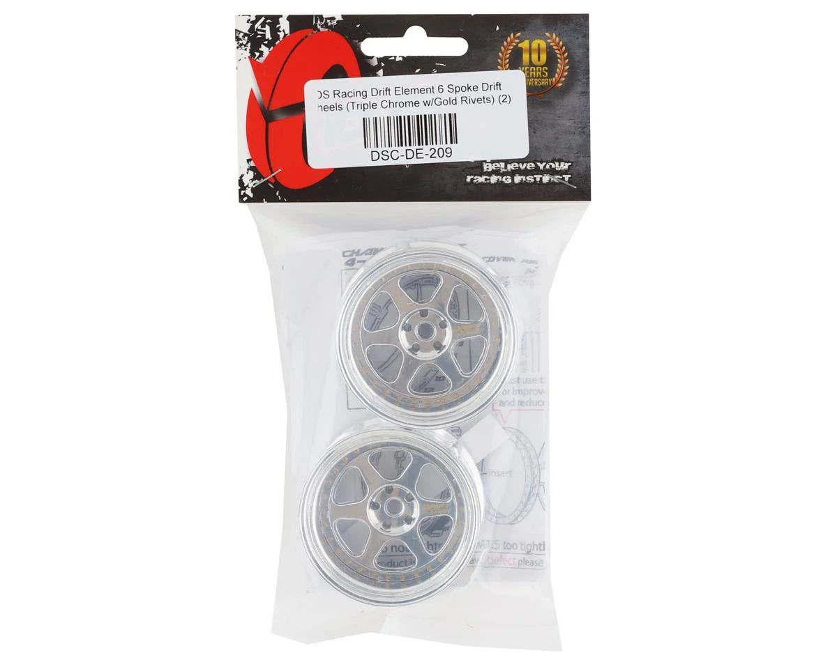 DS Racing Drift Element 6 Spoke Drift Wheels (Triple Chrome w/Gold Rivets) (2) (Adjustable Offset) w/12mm Hex