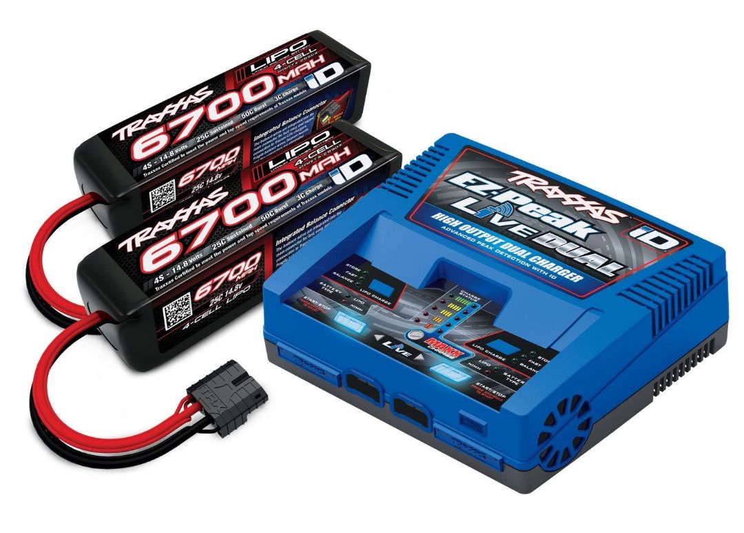 Traxxas EZ-Peak Live Dual 200W Multi-Chemistry Battery Charger (TRA2973) with 2 x 6700mAh 14.8V 4Cell 25C LiPo Battery (TRA2890X)
