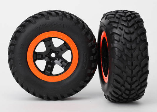 Traxxas Tires & wheels, assembled, glued (SCT black, orange beadlock wheels, dual profile (2.2" outer, 3.0" inner), SCT off-road racing