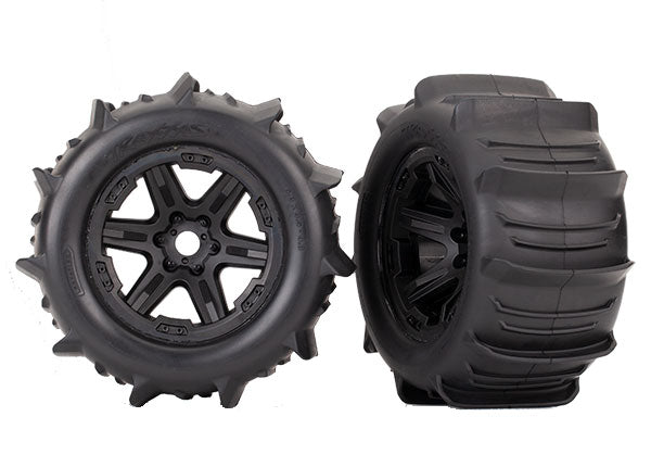 Traxxas Tires & wheels, assembled, glued (black Carbide 3.8" wheels, paddle tires, foam inserts) (2) (TSM rated)